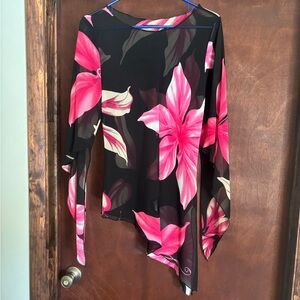 Sheer black flower top with asymmetrical hem and sleeves, medium